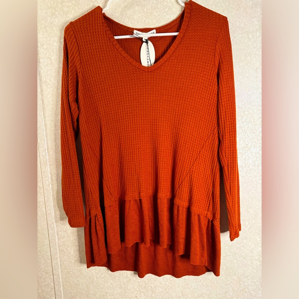 Mesh + Lace NWT Women’s S Red Orange Long Sleeve Ruffle Boho Pumpkin Lagenlook